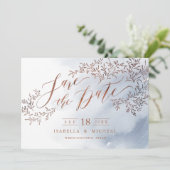 Stofbloem blauwe rustieke bloemencalligrafie save  the date (Staand voorkant)