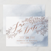 Stofbloem blauwe rustieke bloemencalligrafie save  the date (Voorkant / Achterkant)