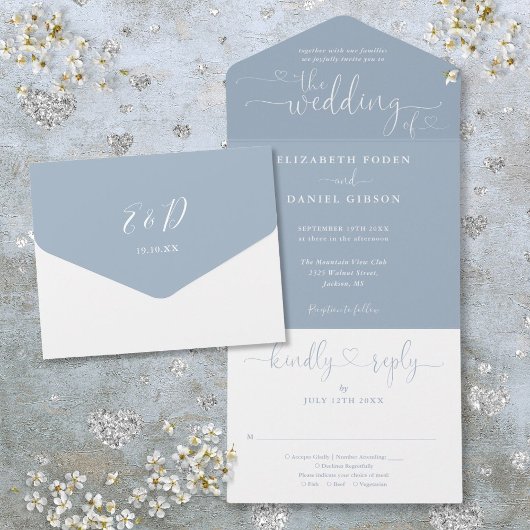 Stofbloem Blauwe Script Harten Minimalistische Tro All In One Uitnodiging