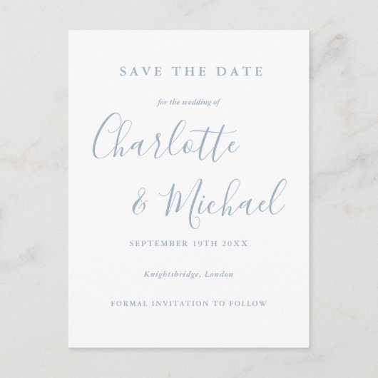 Stofbloem Blauwe Script Trouw Save the Date Briefkaart (Voorkant)