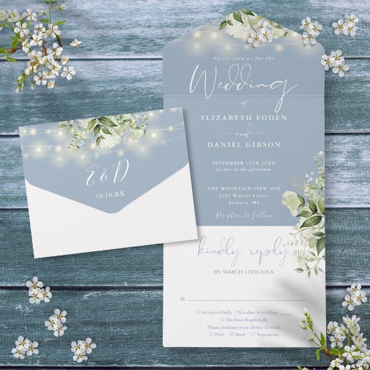 Stofbloem Blauwe Slingers Groene Monogram Bruiloft All In One Uitnodiging