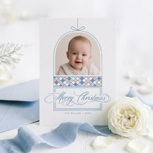 Stofbloem Blauwe Strik Boog Ornament Kerst Foto Feestdagenkaart