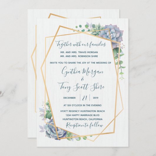 Stofbloem Blauwe Succulente Cactus Uitnodiging (Voorkant / Achterkant)