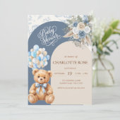 Stofbloem Blauwe Teddybeer Babyshower Uitnodiging (Staand voorkant)