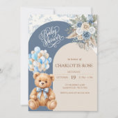Stofbloem Blauwe Teddybeer Babyshower Uitnodiging (Voorkant)