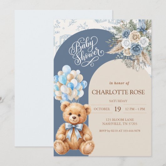 Stofbloem Blauwe Teddybeer Babyshower Uitnodiging (Voorkant / Achterkant)