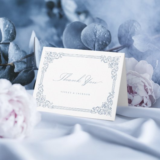 Stofbloem Blauwe Vintage Frame Elegante Script Bedankkaart