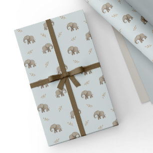 Stofbloem Blauwe Waterverf Olifanten Safari Patroo Cadeaupapier