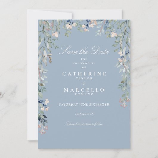 Stofbloem Blauwe Wilde Bloemen Bruiloft Save The Date (Voorkant)