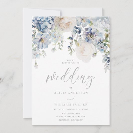 Stofbloem Blauwe & Witte Bloem Bruiloftsinvitation Kaart (Voorkant)