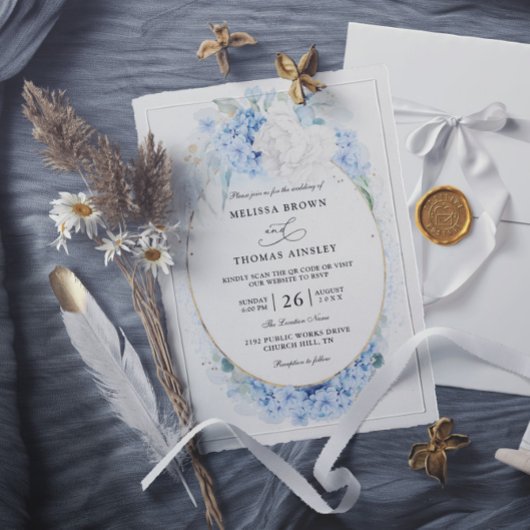 Stofbloem Blauwe Witte Bloemen Budget QR Code Huwe Kaart