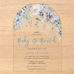 Stofbloem Blauwe & Witte Bloemige Baby Shower Brun Acryl Uitnodigingen