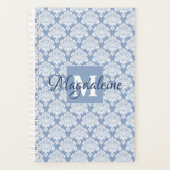Stofbloem Blauwe & Witte Kantige Damast Monogram & Planner (Voorkant)