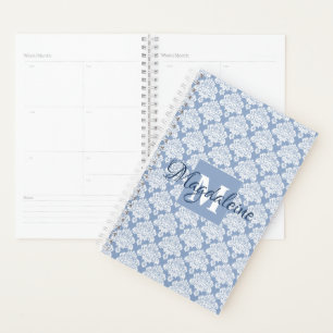 Stofbloem Blauwe & Witte Kantige Damast Monogram & Planner