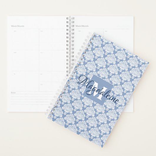 Stofbloem Blauwe & Witte Kantige Damast Monogram & Planner (Display)