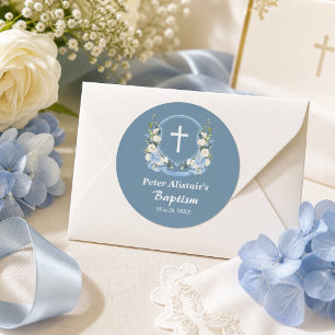 Stofbloem Blauwe Witte Kruis Bloemstuk Doop Favor Ronde Sticker