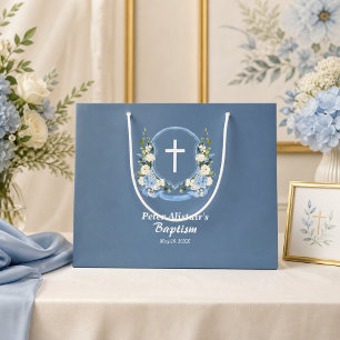 Stofbloem Blauwe Witte Kruis Bloemstuk Doop Groot Cadeauzakje