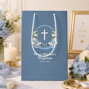 Stofbloem Blauwe Witte Kruis Bloemstuk Doop Medium Cadeauzakje