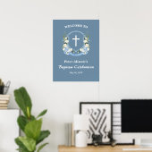 Stofbloem Blauwe Witte Kruis Bloemstuk Doop Poster (Thuiskantoor)