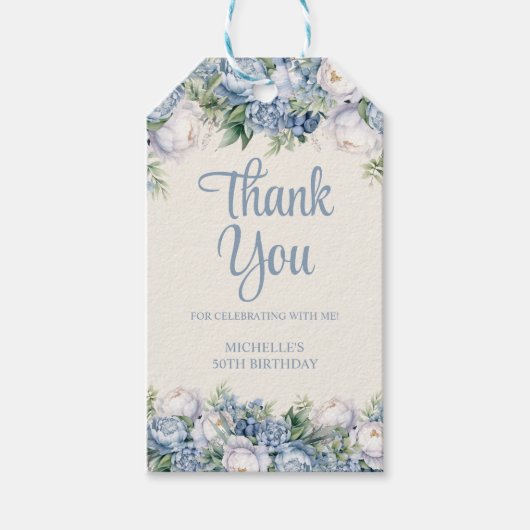 Stofbloem Blauwe Witte Rozen 50e Verjaardag Cadeaulabel (Voorkant)