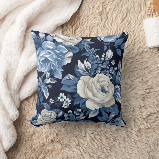 Stofbloem Blauwe Witte Winterrozen Navy Kussen (Deken)