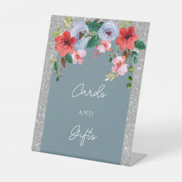 Stofbloem Blauwe Zilveren Glitter Waterverf Bloemr Reclamebord Met Voetstuk