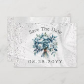 Stofbloem Blauwe Zilveren Rozen Save The Date Kaar (Voorkant / Achterkant)