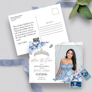 Stofbloem Blauwe Zilveren Tiara Quinceañera Foto A Briefkaart