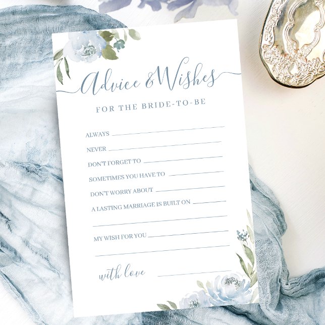 Stofbloem bruiloft advies & wensen kaart (Dusty blue floral wedding advice & wishes card)