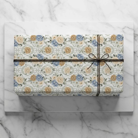 Stofbloem Bruiloft Geschenk Inpakpapier Blauw