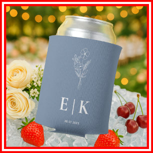 Stofbloem Bruiloft met Monogram in Stofblauw Blikjeskoeler