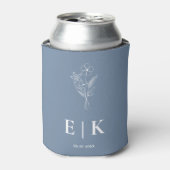 Stofbloem Bruiloft met Monogram in Stofblauw Blikjeskoeler (Blikje Voorkant)