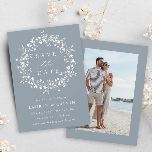Stofbloem Bruiloftsfoto in Stofblauw Moderne Boho Save The Date