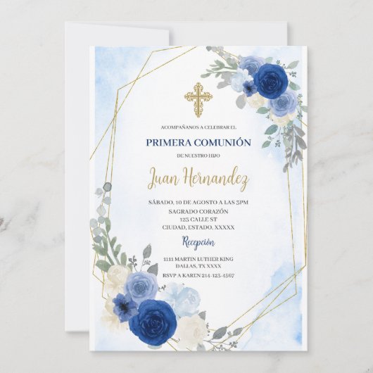 Stofbloem eerste communie uitnodiging in blauwe ti (Voorkant)