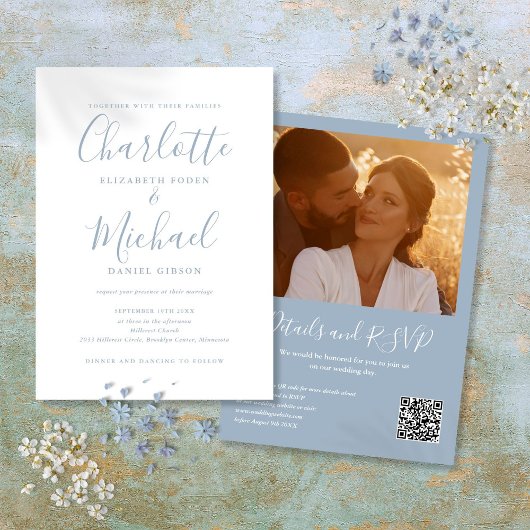 Stofbloem Elegante Script QR Code Foto Bruiloft Kaart