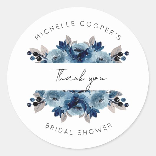 Stofbloem en marineblauwe bloemige bedankje ronde sticker (Voorkant)