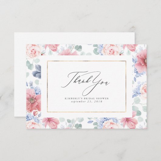 Stofbloem en Roze Bloemrijke Elegante Kleine Dankj Bedankkaart (Voorkant / Achterkant)
