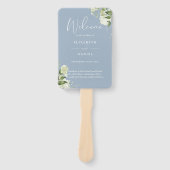 Stofbloem groen huwelijksprogramma in stoffig blau handwaaier (Voorkant)