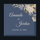 Stofbloem herfst Boho bruiloftsmagneet Magneet<br><div class="desc">Deze Stofbloem herfst Boho bruiloftsmagneet combineert een antieke sfeer met een retro boheemse wilde bloemen look. De elegante, neutrale beige wilde bloemen op de stoffige blauwe, marineblauwe achtergrond, met zijn klassieke kalligrafie typografie, maken een formele maar wilde en bloemrijke, vintage stijl bruiloftsfeestthema mogelijk. Deze magneet combineert nut en mooi design...</div>