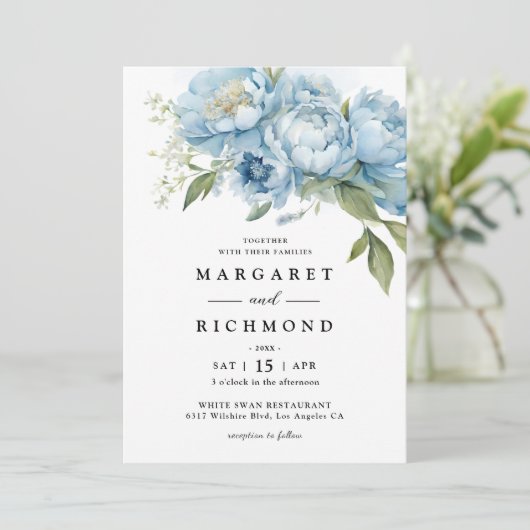 Stofbloem Pioen Elegante Waterverf Trouwdag Kaart (Staand voorkant)