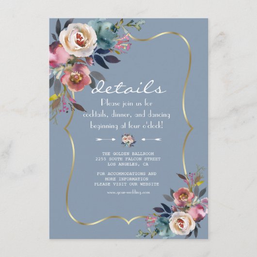 Stofbloem Roze Bloemen Gouden Trouwdetails Informatiekaartje (Voorkant)