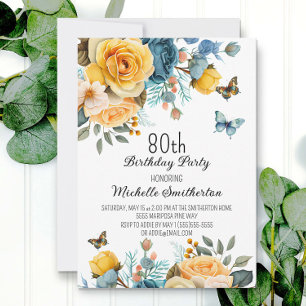Stofbloem Vlinder 80e Verjaardag Blauw Geel Kaart