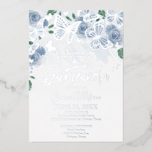 Stofbloem Vlinder Zilveren Quinceanera Folie Uitnodiging