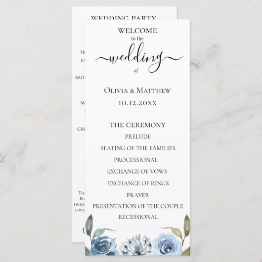 Stofbloem Waterverf Bloem Bruiloftsprogramma Programmakaart (Voorkant / Achterkant)