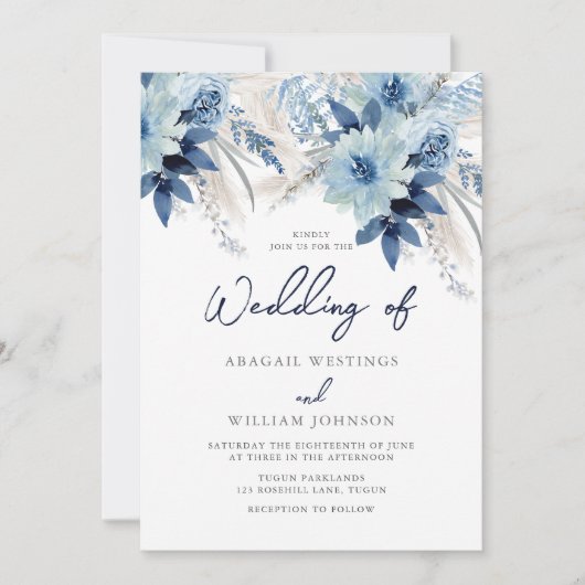 Stofbloem Waterverf Bloemen met Marineblauwe Trouw Kaart (Voorkant)