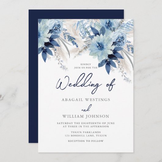 Stofbloem Waterverf Bloemen met Marineblauwe Trouw Kaart (Voorkant / Achterkant)