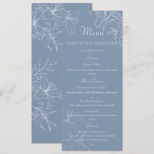 Stofbloem Witte Lelie Bloem Bruiloftsmenu Sjabloon Menu (Voorkant / Achterkant)