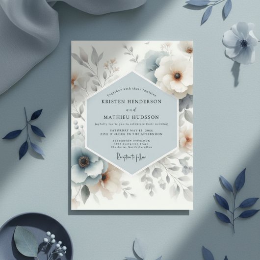 Stofbloemige Blauwe Bloemen Bruiloft Kaart