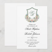 Stofbloemige Blauwe Bloemenen Crest Trouw Kaart (Voorkant / Achterkant)