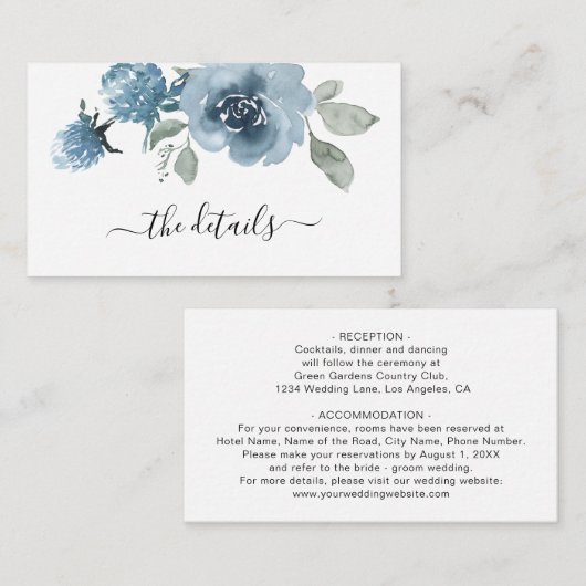 Stofbloemige Blauwe Bloemige Leisteen Pastel Trouw Informatiekaartje (Voorkant / Achterkant)
